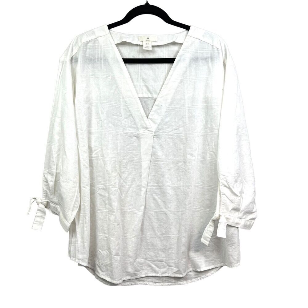 H&M Tunic Blouse Top Stripe Linen Blend Boho VNeck 3/4 Tie Sleeve White Women M*